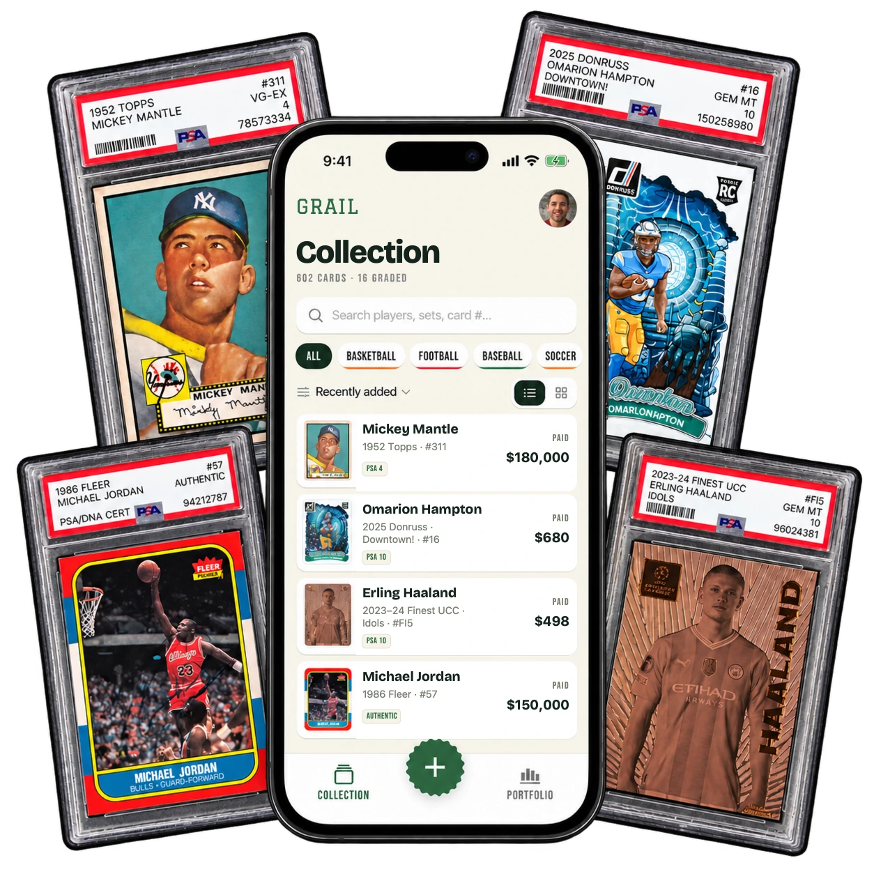 Grail collection with Kevin's profile photo and paid prices: Mickey Mantle $180,000, Omarion Hampton $680, Erling Haaland $498, and Michael Jordan $150,000.